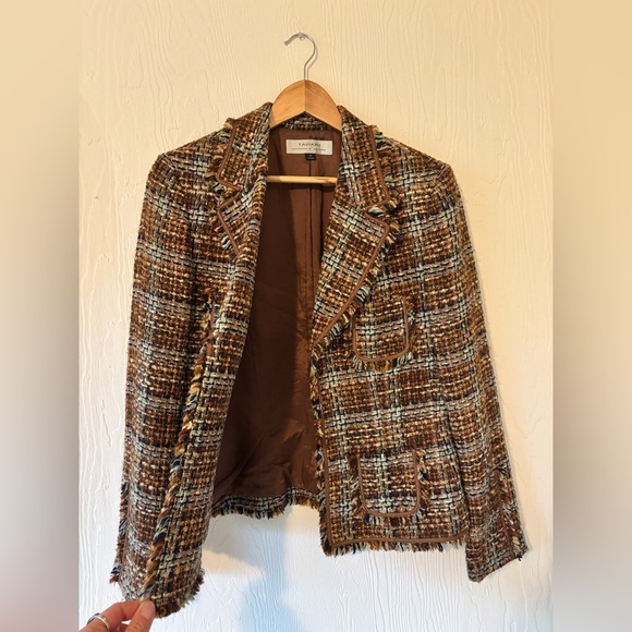 Vintage TAHARI Brown Wool Blend Tweed Plaid Knit Raw Hem Fringe Blazer Jacket - Picture 8 of 12